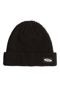 Beanie nero a costine con risvolto e una patch logo rettangolare con un design bianco. Texture morbida; vestibilità aderente.