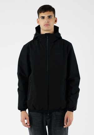 Giacca nera con cappuccio, dal finish liscio e opaco. Caratterizzata da cerniera frontale, tasche laterali e polsini elasticizzati per una vestibilità aderente.