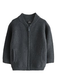 Cardigan gris en tricot avec une fermeture �éclair, un col côtelé et des poches latérales. Il présente un motif texturé et des poignets élastiques aux manches.