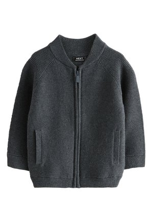 Gray knitted cardigan with a zipper, ribbed collar, and side pockets. Features a textured pattern and elastic cuffs at the sleeves.