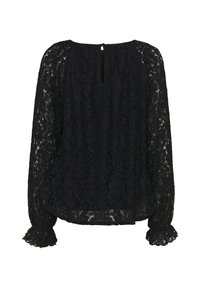 Blusa in pizzo nero con maniche lunghe, scollatura rotonda e polsini arricciati. Presenta un'apertura a occhiello sul retro. Motivo floreale testurizzato su tutta la superficie.