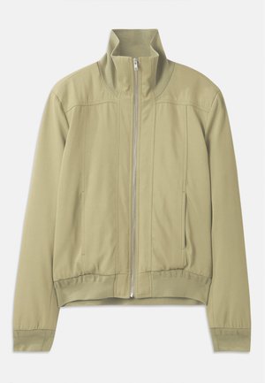 Light green jacket with a high collar, zip closure, elastic cuffs, and a fitted waistband. Smooth fabric with subtle stitching details.