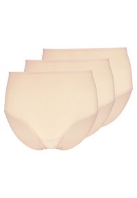 Beige Damen-Unterwäsche-Set, drei Paare, hoch geschnittenes Design, glatte Textur, dehnbare Stoffe, verstärkte Nähte, keine sichtbaren Muster oder Metallteile.