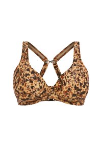 Brown and beige leopard print bra with padded cups, wide straps, and a V-shape back. Features metallic hardware at the front.