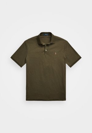 Korte mouwen olijfgroene polo met twee knopen en klein geborduurd logo op de linkerborst.
