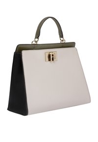 Strukturalna torebka wykonana z czarnej, beżowej i oliwkowozielonej skóry o fakturze, ozdobiona złotymi okuciami oraz uchwytem na górze.