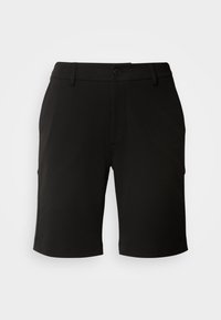 Short noir longueur genou avec passants de ceinture et fermeture par bouton présenté sur un fond clair uni.