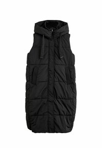 Gilet rembourré noir avec capuche, poches avant et design matelassé. Fabriqué en tissu structuré avec fermeture éclair et cordons de serrage ajustables.