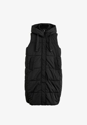 Schwarze gepolsterte Weste mit Kapuze, Fronttaschen und gestepptem Design. Hergestellt aus strukturiertem Stoff mit Reißverschluss und verstellbaren Kordeln.