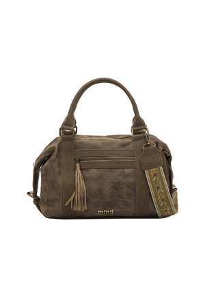 Borsa in finta pelle marrone con doppio manico, dettagli testurizzati, tasca frontale con zip e una tracolla decorativa con ricami floreali.