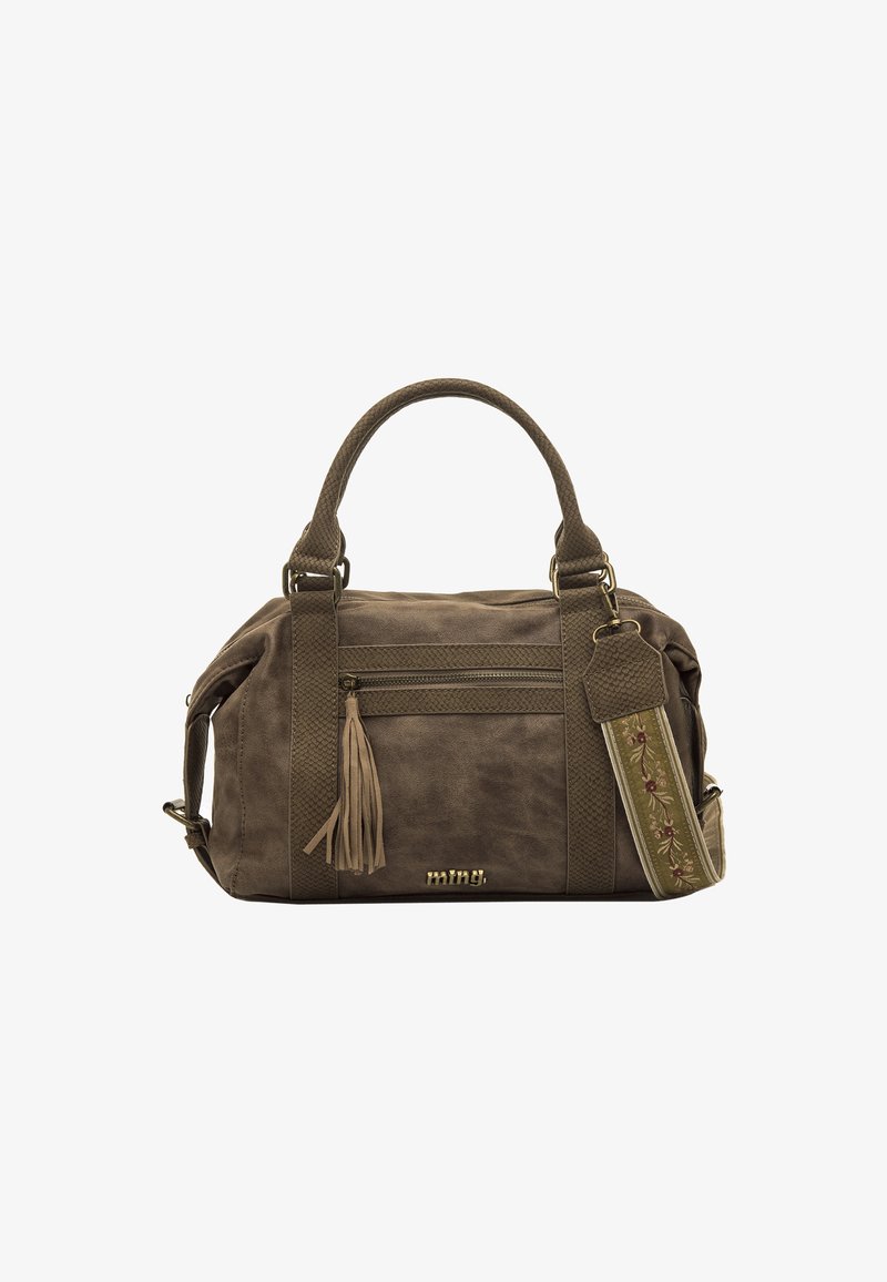 Bolso de mano de imitación de cuero marrón con dos asas, detalles texturizados, un bolsillo con cremallera en la parte frontal y una correa decorativa con bordado floral.