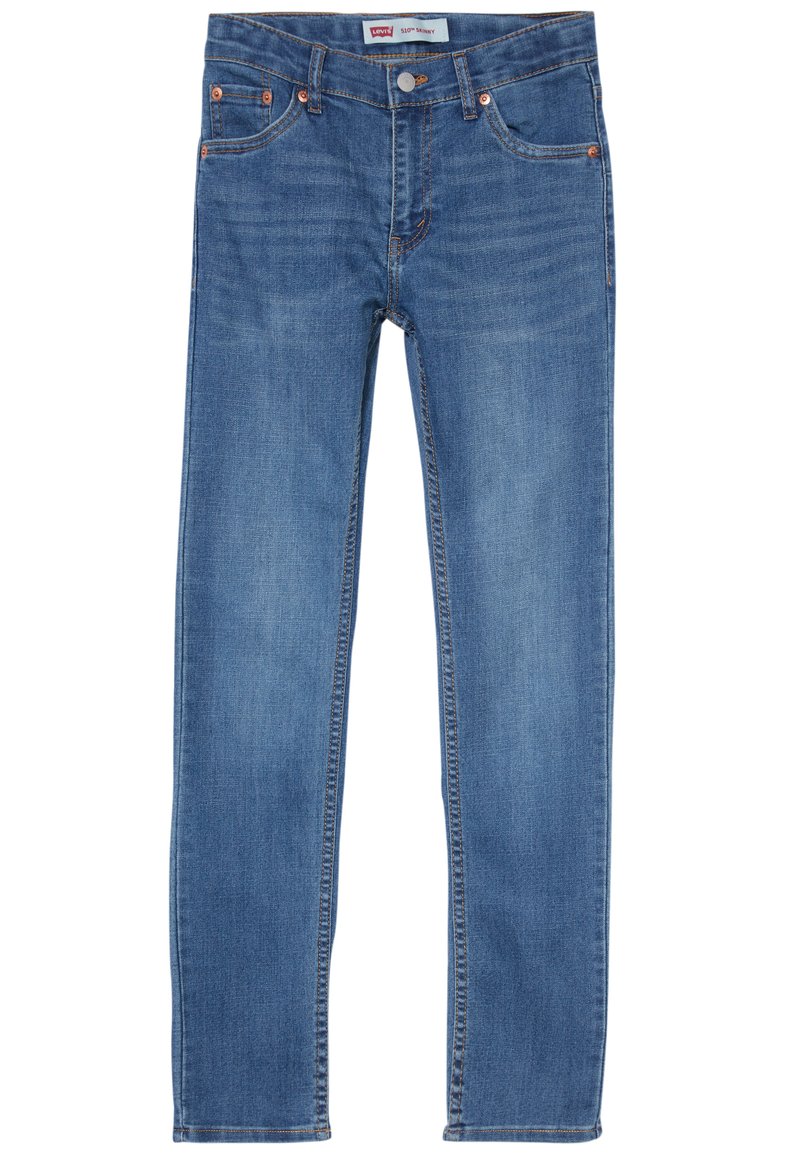 Blauwe spijkerbroek met een slim fit, vijf zakken, koperen klinknagels, verstevigde stiksels en een leren merklabel op de achterkant van de taille.