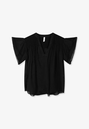 Blusa nera a maniche corte con scollo a V profondo e maniche larghe arricciate, presenta tessuto raccolto sotto le spalle e una vestibilità rilassata.