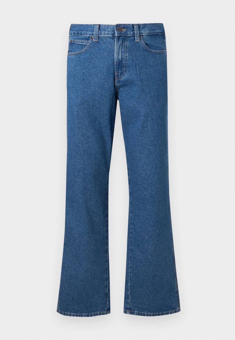 Blue denim flared jeans with a mid-rise waist, five pockets, light stitching, and a button closure. Smooth texture and even color throughout.