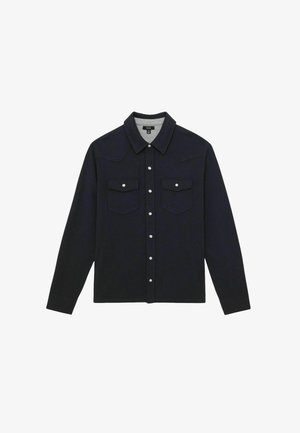 Black long-sleeve shirt jacket with pointed collar, snap button closure, and two front flap pockets with snap buttons.