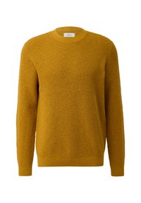 Musztardowy żółty sweter z dzianiny, okrągły dekolt, długie rękawy, ściągacze przy mankietach i u dołu, fakturowany materiał o wyraźnym wzorze.