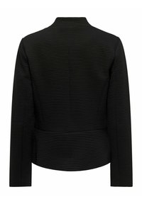 Veste noire texturée à manches longues avec côtes horizontales, ourlet droit et taille légèrement cintrée, vue de dos.