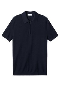 Námořnická modrá polokošile s krátkým rukávem, lemovaným límcem a polo zipem vpředu, vyložena na bílém pozadí.