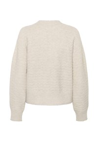 Cremafarbener Strickpullover mit langen Ärmeln, gerippten Bündchen und einem strukturierten Muster, von hinten auf weißem Hintergrund gezeigt.