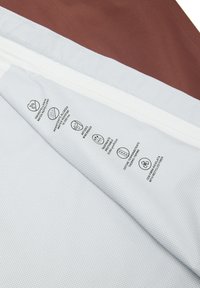 Waterafstotende buitenstof met symbolen voor waterbestendigheid, ademend vermogen, winddichtheid, thermosealing en gerecyclede vezelinhoud.