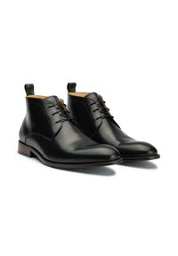 Black leather ankle boots with a smooth texture, round toe, and lace-up design. Wood-accented sole and pull tab at the back for easy wear.