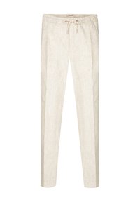 Linnebyxor i ljusbeige, med en elastisk midja och snörning, smalnande ben och en slät, texturerad finish.