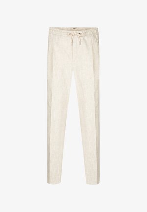 Pantaloni in lino color beige chiaro, con vita elastica e coulisse, gambe affusolate e una finitura liscia e strutturata.