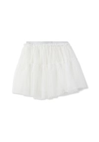 Gonna di tulle bianca con strati sovrapposti, sfoggia un cinturino elastico glitterato, una texture leggera e paillettes sparse per un tocco in più.