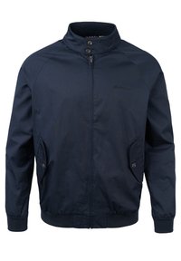 Navy blue jacket featuring a zip closure, stand-up collar, and two side pockets with button closures. Smooth fabric and ribbed cuffs.