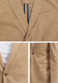 Brun rutig blazer i strukturerad tyg, med slagkrage, enstegs knappstängning och sidoficka, som visar detaljerad sömnad och innertyg.