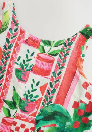 Tissu coloré avec un motif floral et géométrique en rose, vert et rouge. Comprend des pots, des feuilles et une finition légère et texturée.
