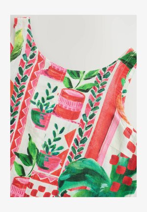 Kolorowa tkanina z kwiatowym i geometrycznym wzorem w odcieniach różu, zieleni i czerwieni. Zawiera doniczki, liście oraz lekkie, teksturowane wykończenie.