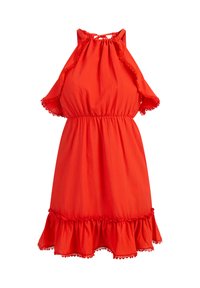 Rochie roșie cu bretele, cu mâneci și tiv cu volane, din țesătură texturată, cu talie elastică, având dantelă pe margini.