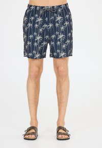 Marineblaue Badehose mit hellgrauem Palmenmuster, elastischem Bund und Kordelzug. Leichter Stoff, knielang.