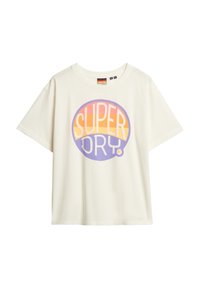 Camiseta de algodón blanca de manga corta con un gran logo multicolor "SUPER DRY" en púrpura, naranja y amarillo en un diseño circular.