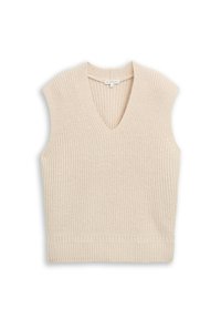 Beige gebreide mouwloze trui met een v-hals, geribbelde zoom en een gestructureerde stof, met een minimalistisch ontwerp en zonder sluitingen.