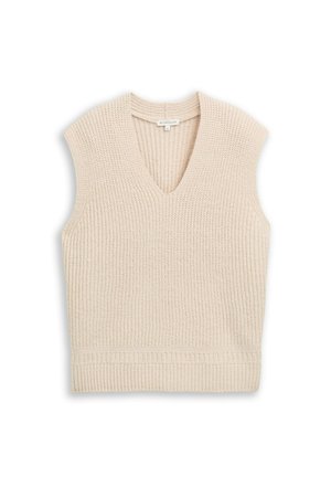 Pull sans manches tricoté beige avec un col en V, un ourlet côtelé et un tissu texturé, affichant un design minimaliste et sans fermetures.
