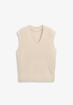Pull sans manches tricoté beige avec un col en V, un ourlet côtelé et un tissu texturé, affichant un design minimaliste et sans fermetures.