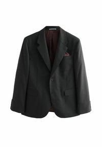 Black tailored blazer with a single button closure, notch lapels, two front pockets, and a maroon patterned lining visible on the inside.