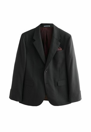 Juodas pritaikytas švarkas su vienu mygtuku, notch tipo atlapais, dviem priekinėmis kišenėmis ir bordo spalvos raštuota pamušalu, matomu iš vidaus.