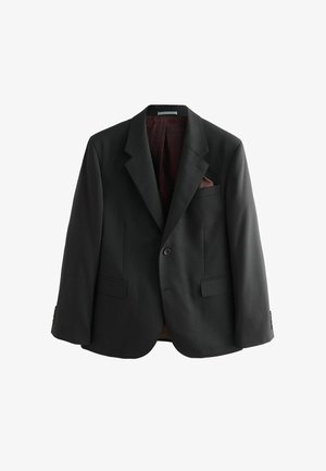 Schwarzer maßgeschneiderter Blazer mit einem Einzelknopfverschluss, Reverskragen, zwei vorderen Taschen und einem innen sichtbaren bordeauxfarbenen gemusterten Futter.