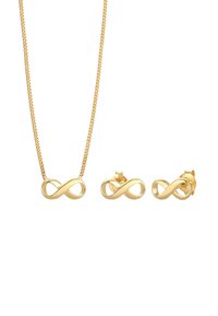 Set di gioielli in tonalità oro composto da una collana con pendente infinito e orecchini a bottone coordinati, entrambi con una finitura liscia e lucida.