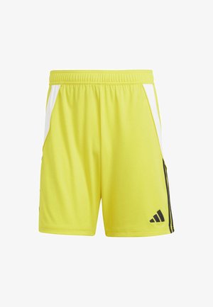 Gelbe Sport Shorts aus leichtem Stoff mit schwarzen Seitenstreifen und einem Adidas-Logo. Besitzt einen elastischen Bund für zusätzlichen Komfort.