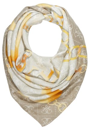 Square scarf with beige, white, and yellow chain and logo patterns, folded and loosely arranged in a circular shape.