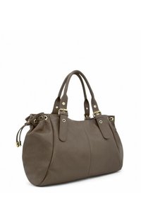 Sac à main en cuir marron avec double poignée, détails en métal doré et texture froncée sur le dessus. Présente une forme arrondie pour un intérieur spacieux.