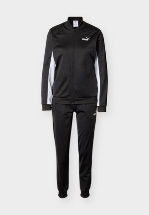 Sort træningsdragt lavet af glat stof, med en lynlåstrøje med hvide detaljer på ærmerne og sorte bukser med logodetalje.