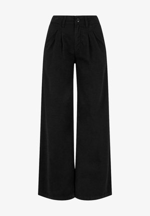 Pantalons noirs à jambes larges en tissu léger, dotés de plis à l'avant, d'une fermeture à bouton et d'une finition soignée à l'ourlet.