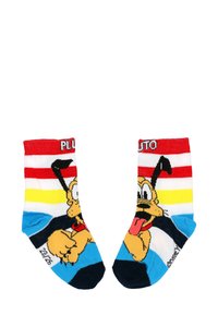Pair of colorful children's socks with cartoon dog face, red collar, black ears, and stripes in red, white, yellow, and blue.