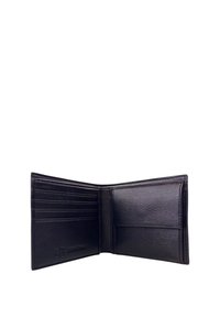 Portafoglio in pelle nera con più scomparti per carte, una texture liscia e una tasca laterale per banconote o ulteriori oggetti.