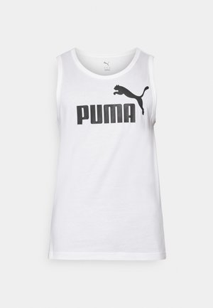 White cotton tank top featuring a large black "PUMA" logo and an emblem of a leaping puma. Round neckline and sleeveless design.